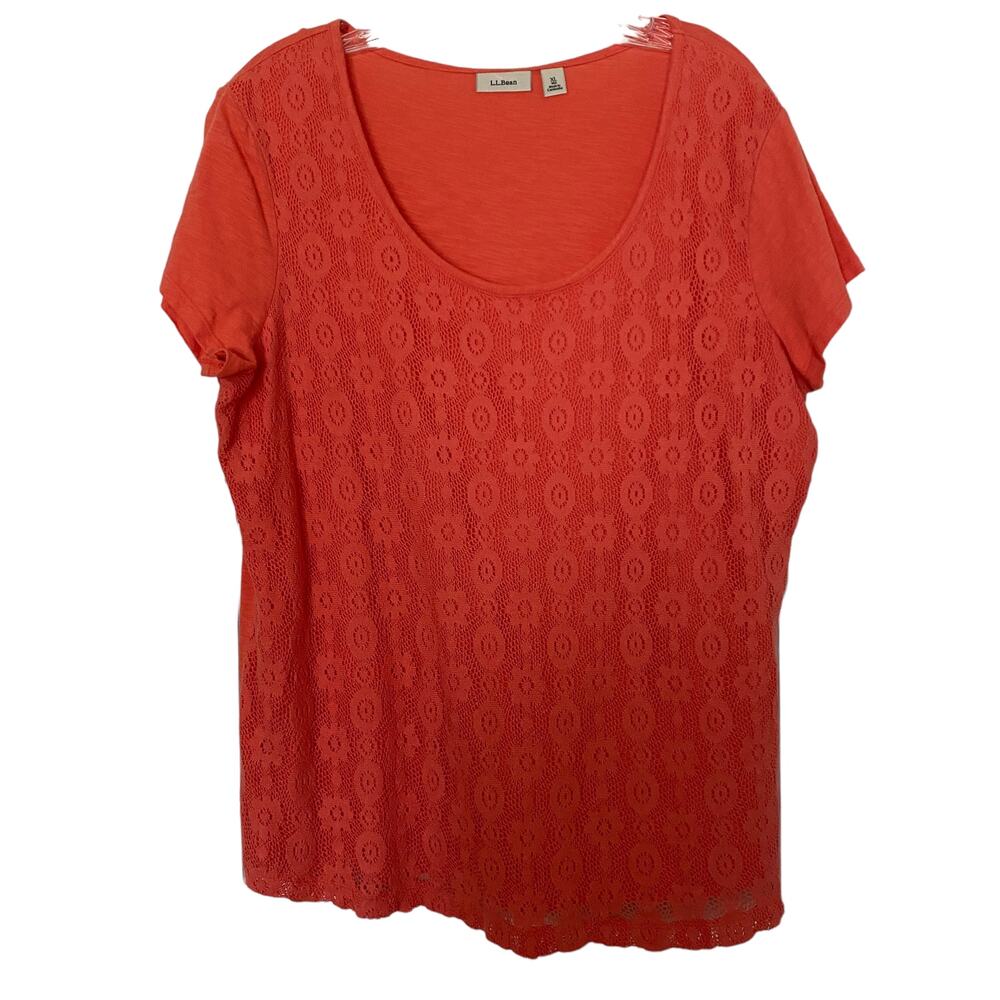 L.L. Bean Women's Sz XL Top Lace Overlay Short Sleeve Orange Nylon Cotton 287630